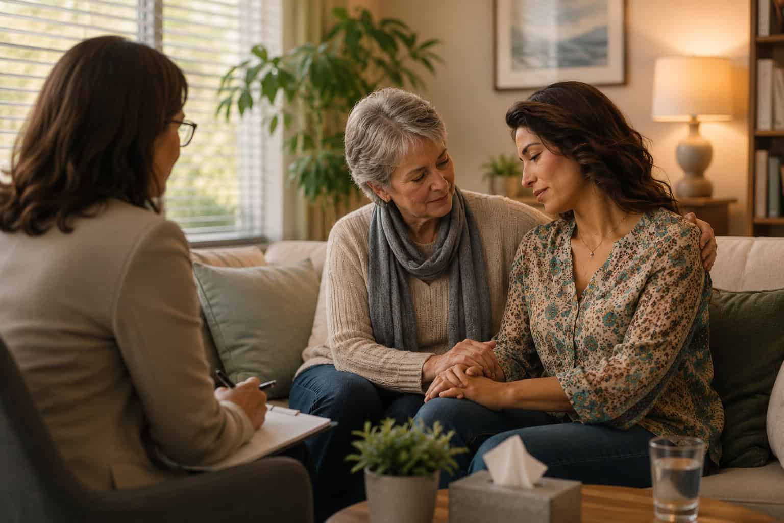 An adult woman and her mother are speaking with a therapist about recovery and treatment planning for addiction