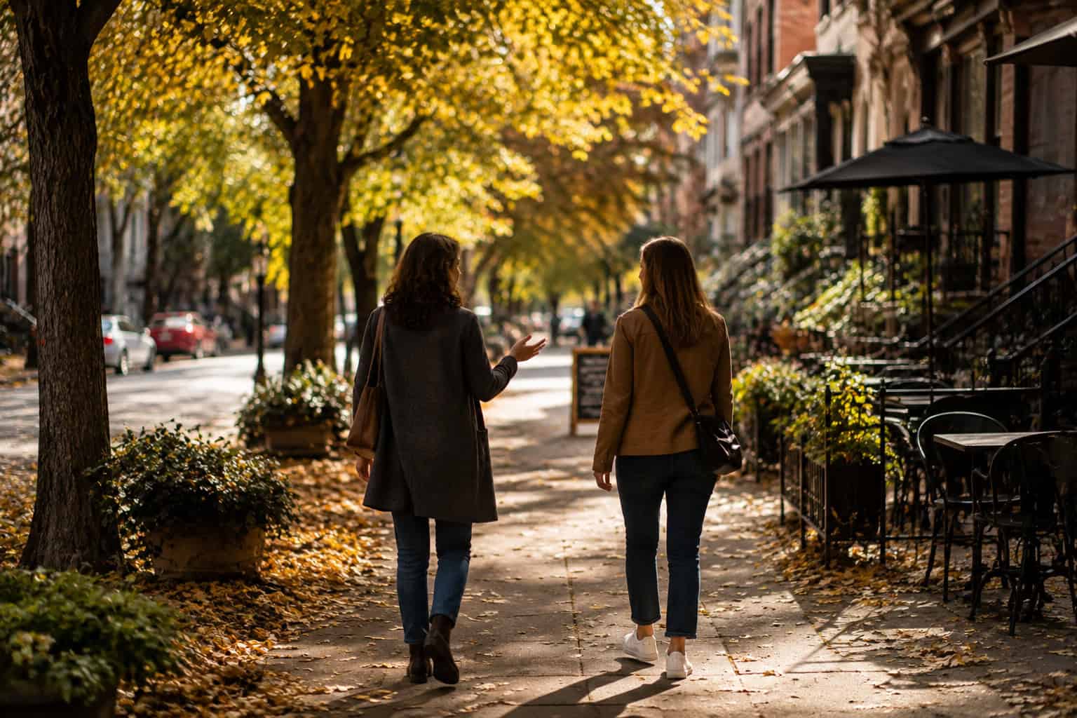 two female friends walking alongside each other, concept of communicating and seeking help, human connection, mental health awareness