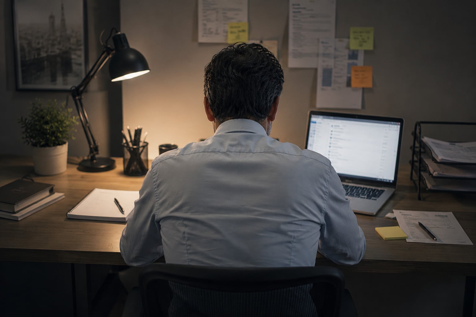 Back view of a man sitting at a cluttered desk with papers, coffee cups, and an open computer, staring blankly ahead in a dim, shadowy setting that conveys burnout and mental fatigue