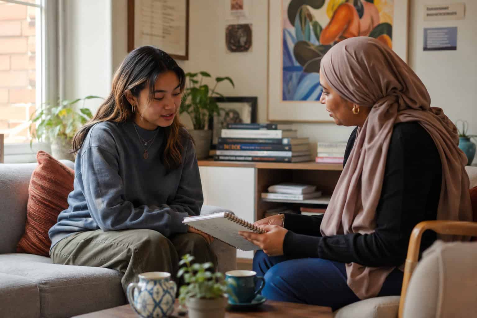 a young adult and a mental health professional sitting together in a bright, welcoming therapy space, engaged in a relaxed conversation while looking at a notebook or personalized care plan together