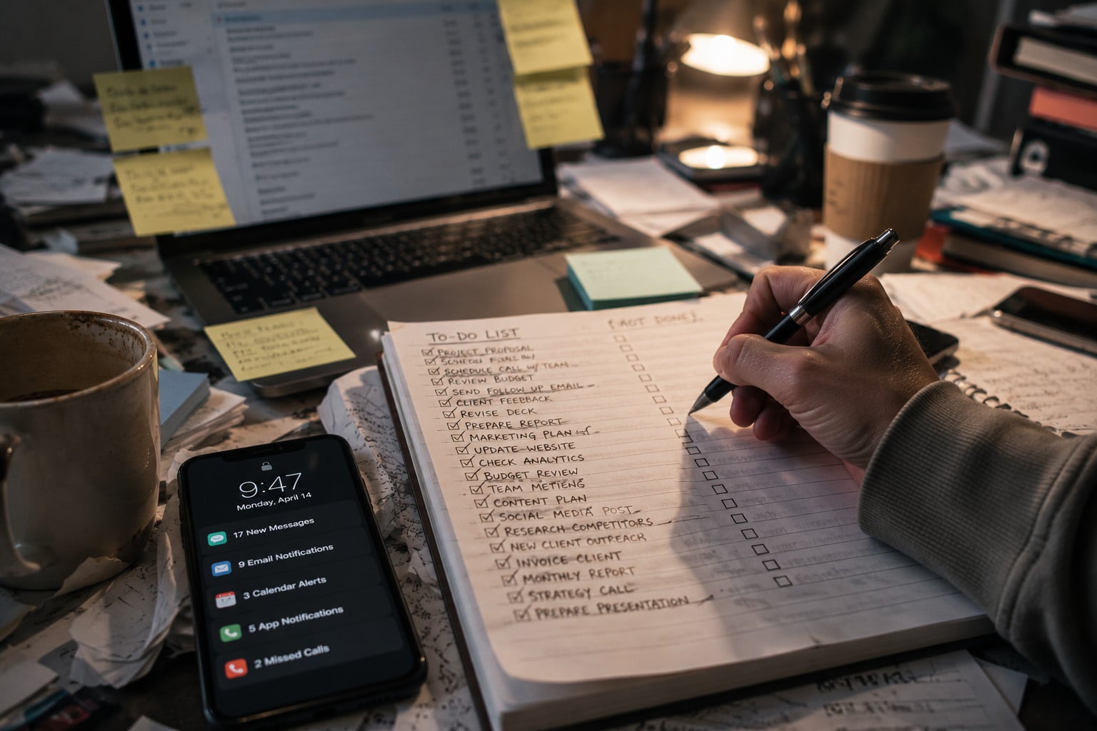 Hand checking off a task on a cluttered to-do list on a busy desk covered with papers, sticky notes, and work items, symbolizing overwhelm and burnout