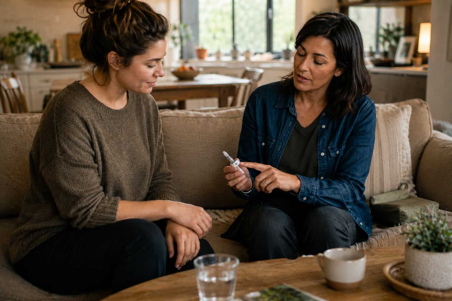 Two women discussing how to use a naloxone device as part of overdose prevention and harm reduction