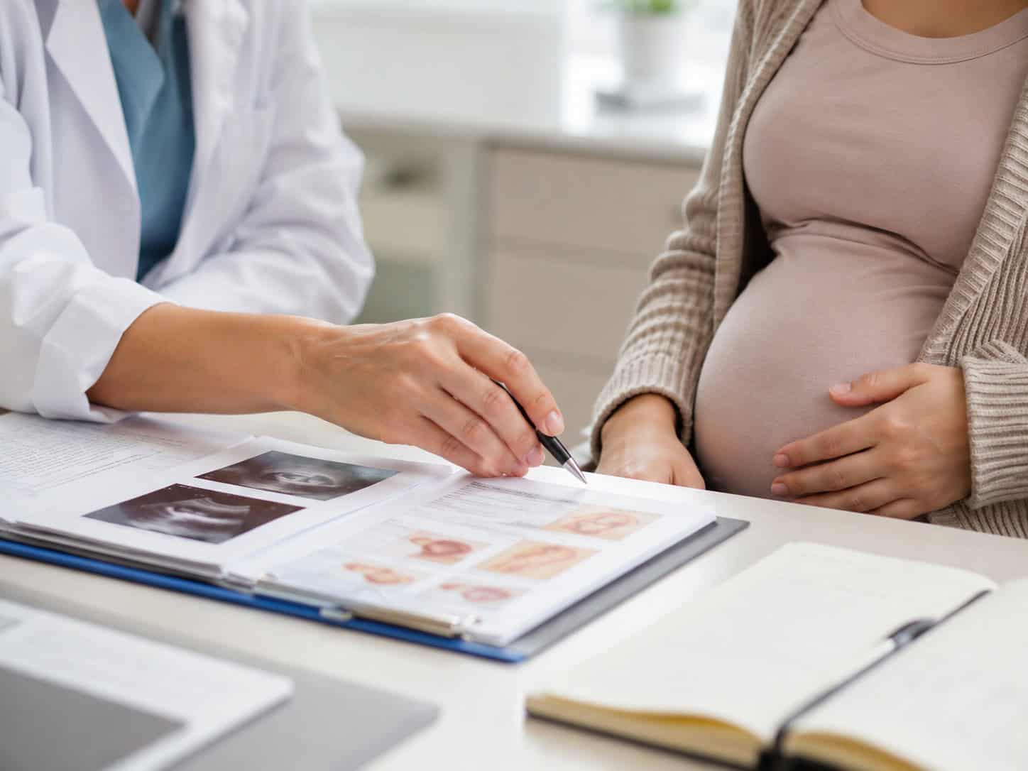 Healthcare professional reviewing ultrasound images and prenatal information with a pregnant woman during a consultation.