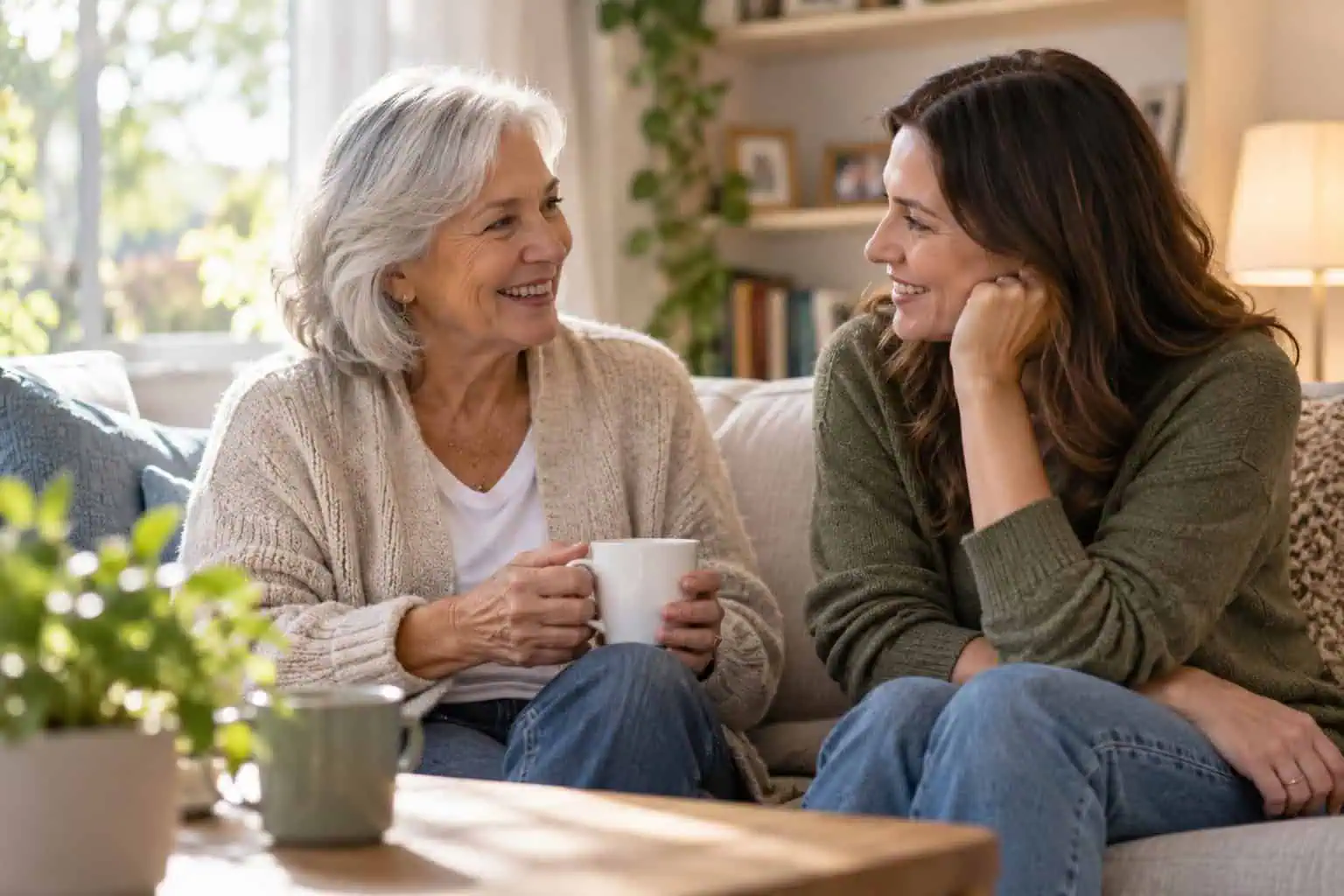 Image of a senior woman having a happy conversation with adult daughter, concept of family support and relationships