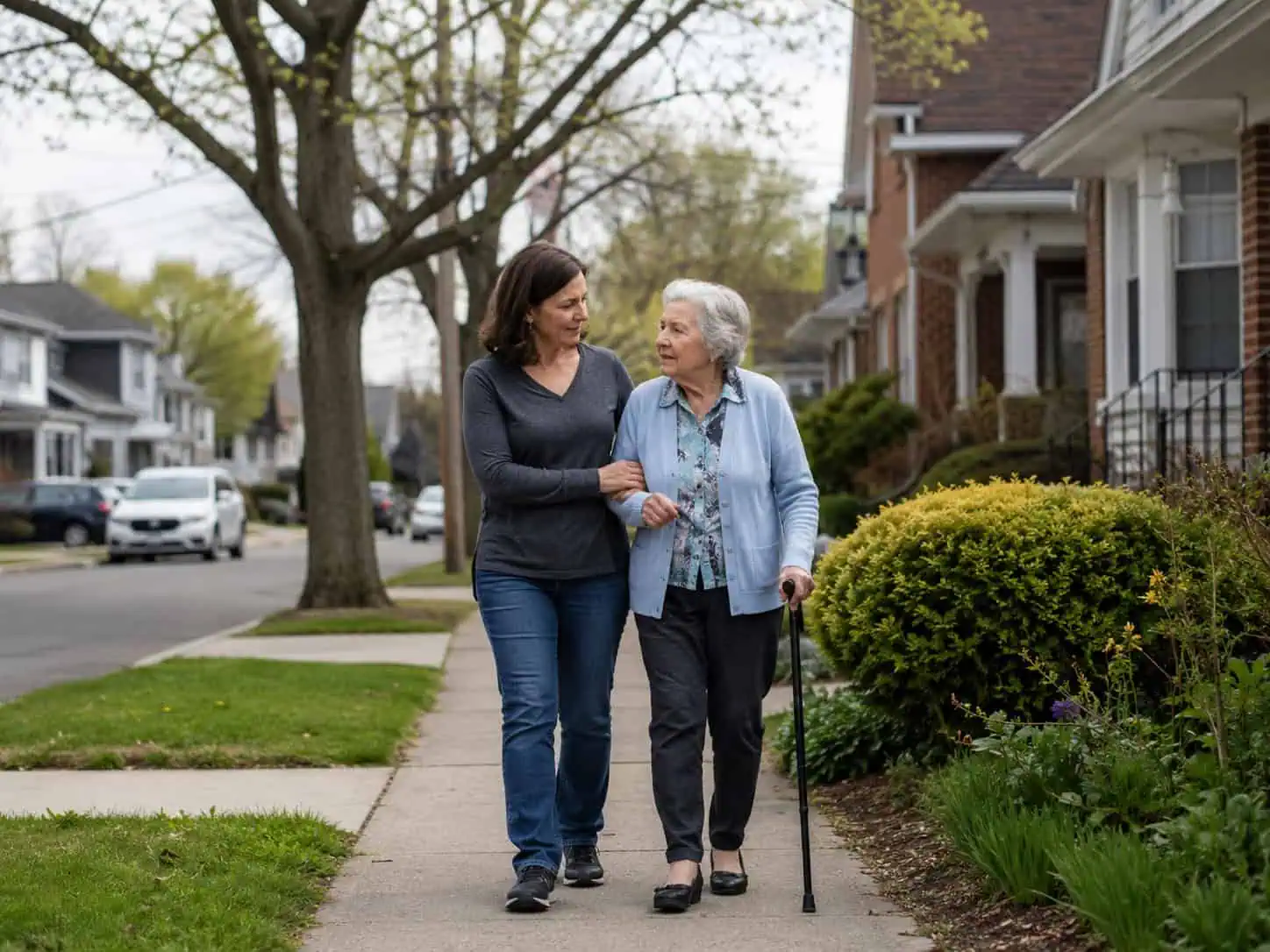 Image of an adult daighter walking alongside her senior mother, concept of family care
