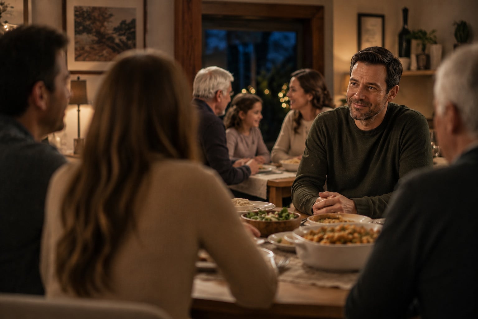 Man at a family gathering standing among others, smiling while talking, but with a subtle sad expression