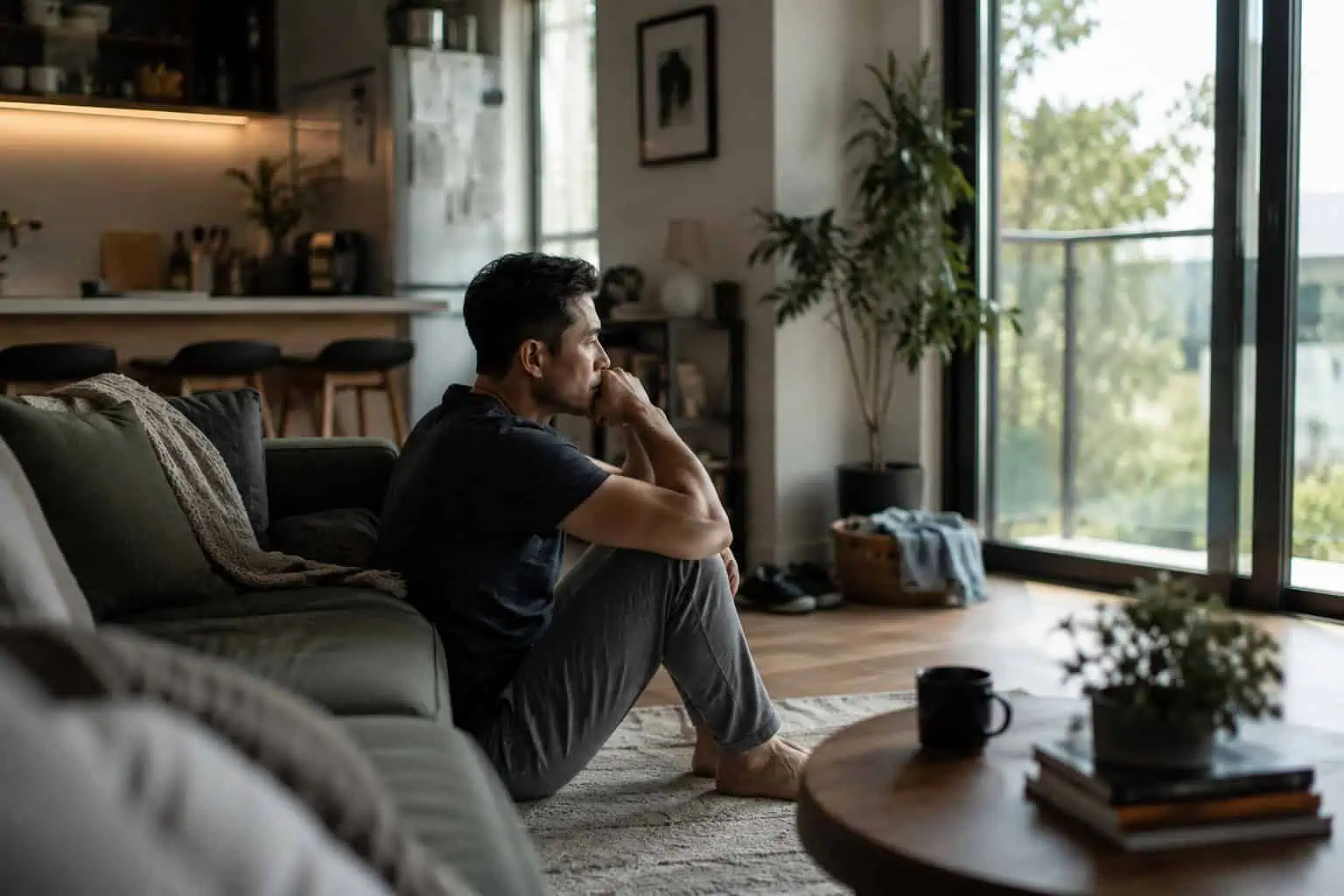 image of an adult man sitting alone at home, looking pensive, concept of trauma