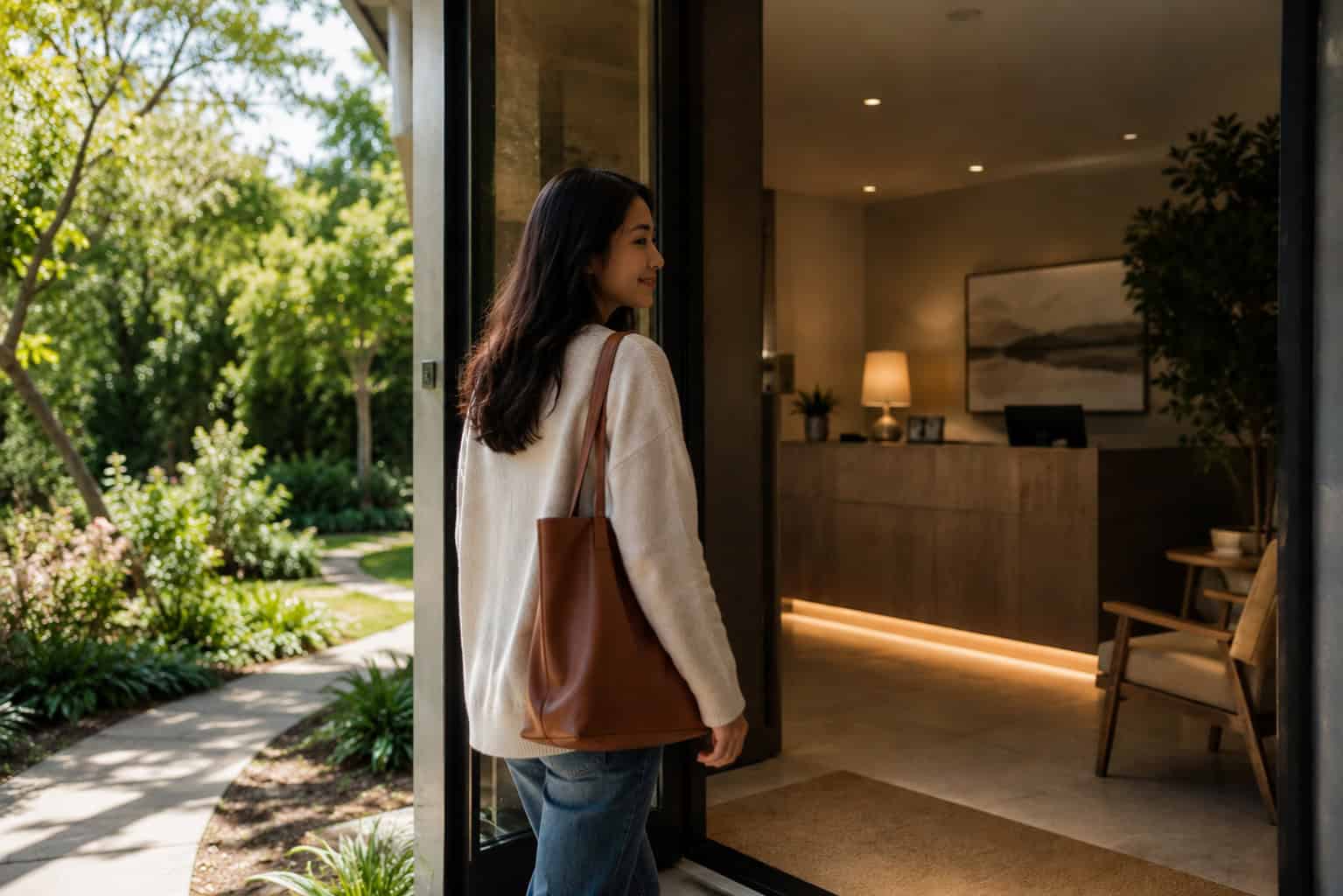 Person walking from a green outdoor setting into a calm clinic interior, shown in side profile with face partially obscured, symbolizing the transition from personal wellness to seeking professional care