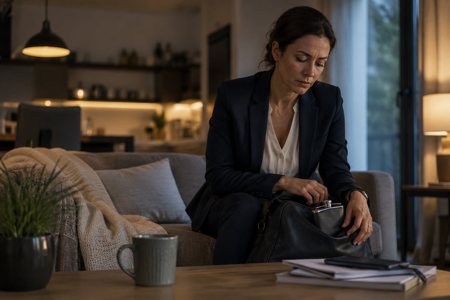 Professional woman sitting at home in work attire, looking down with a tired expression as an alcohol flask peeks out of her open work bag, suggesting a hidden struggle with alcohol