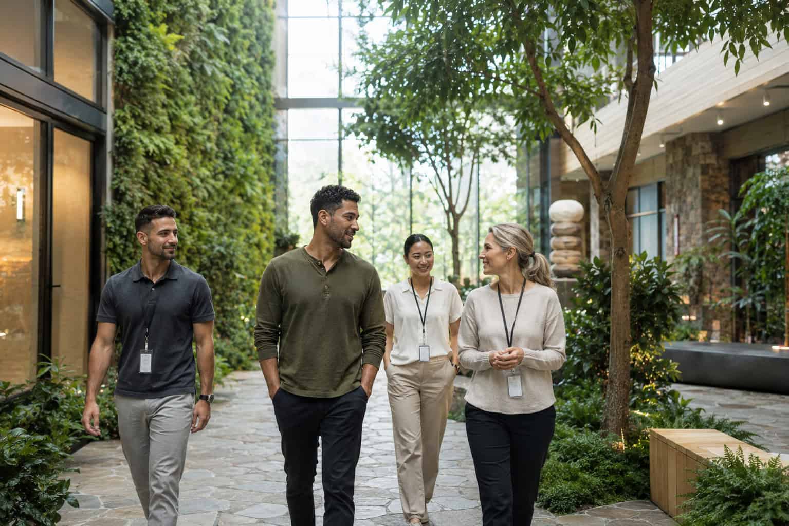 group of clients walking together while speaking to a therapist, concept of group therapy