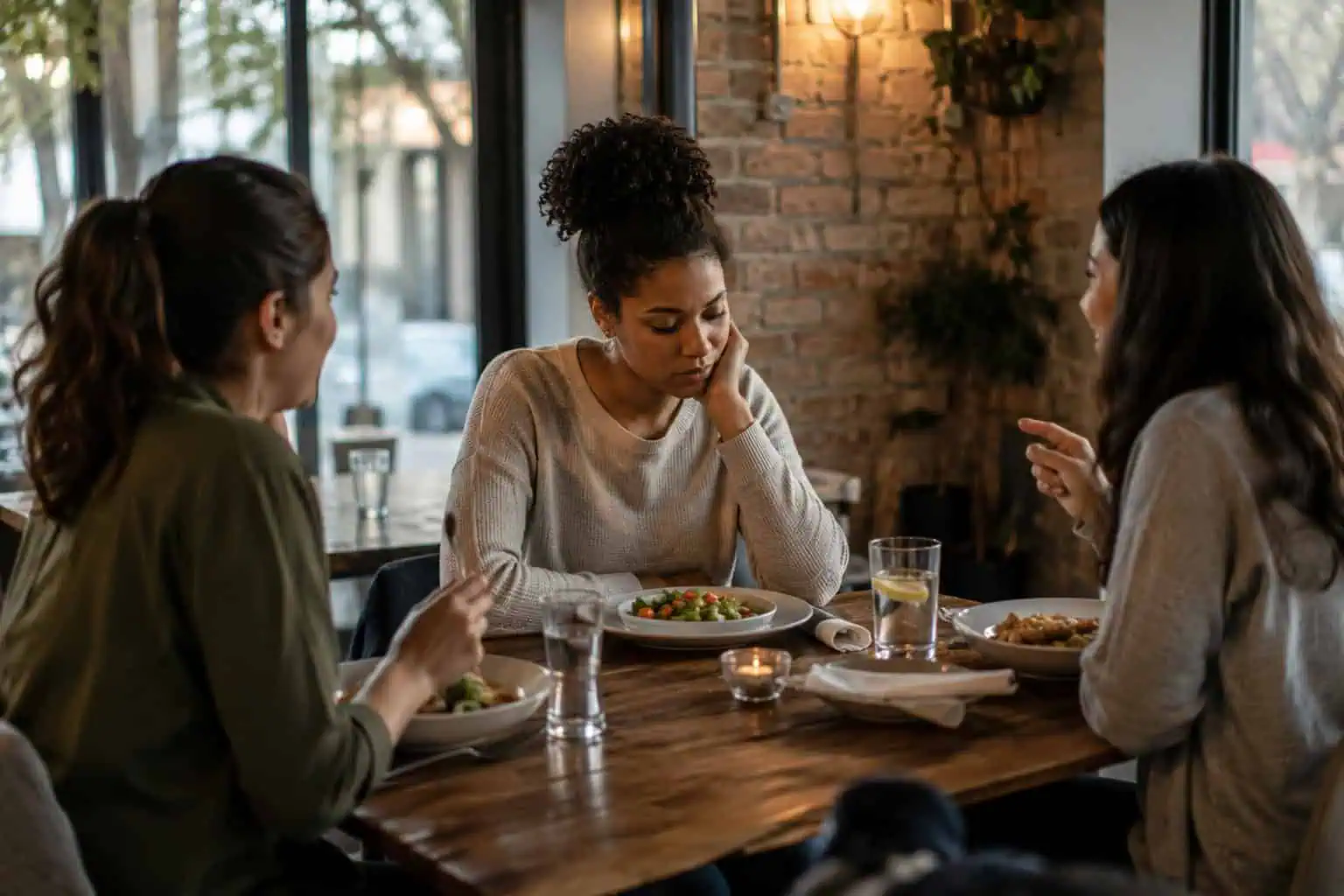 an adult woman on a day out with friends, eating in a restaurant, appearing have no appetite for food