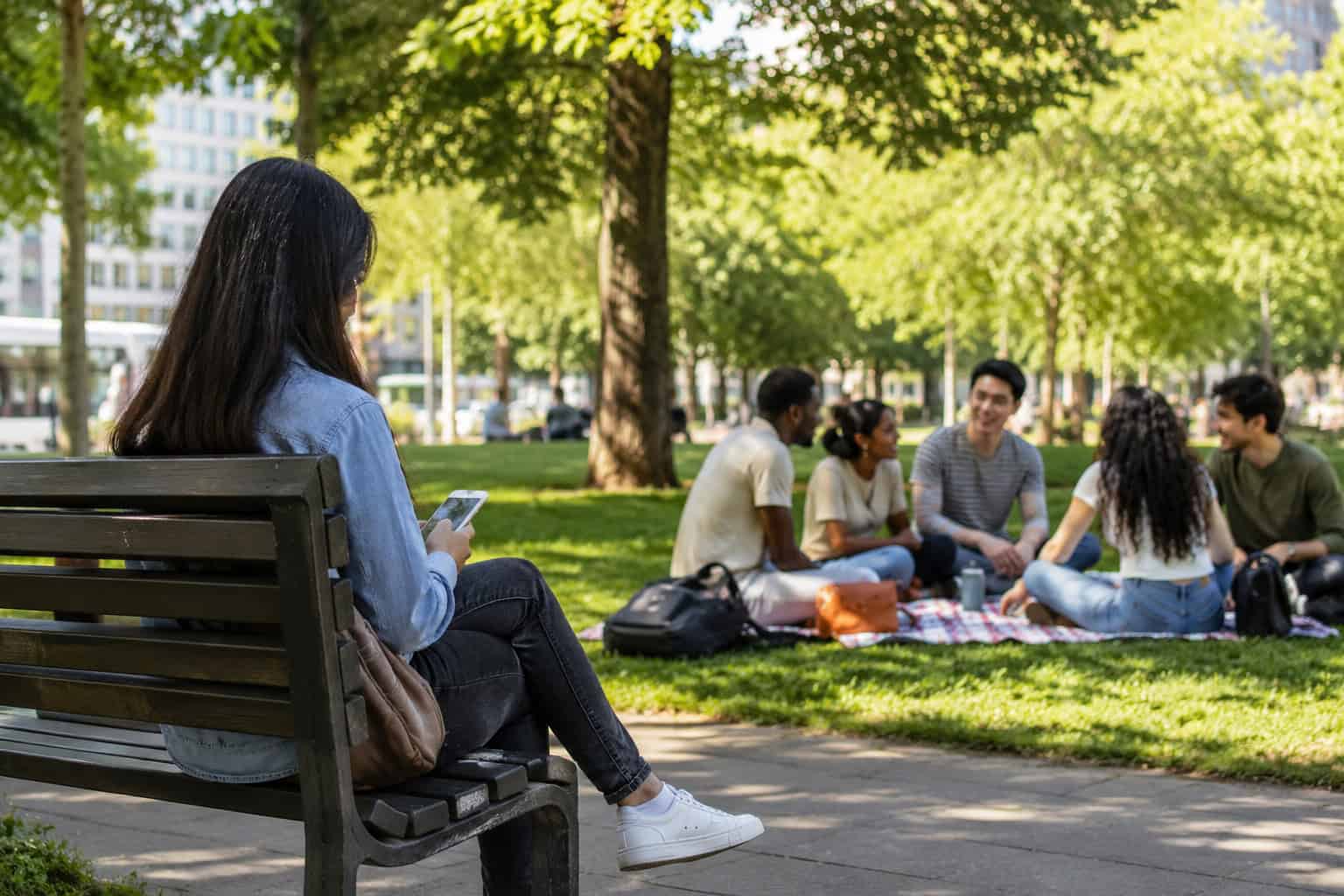 diverse group of young adults in their 20s gathered together in a vibrant contemporary city park, with several people appearing engaged, confident and socially connected while one young adult sits slightly apart on a bench, quietly observing them while holding a smartphone
