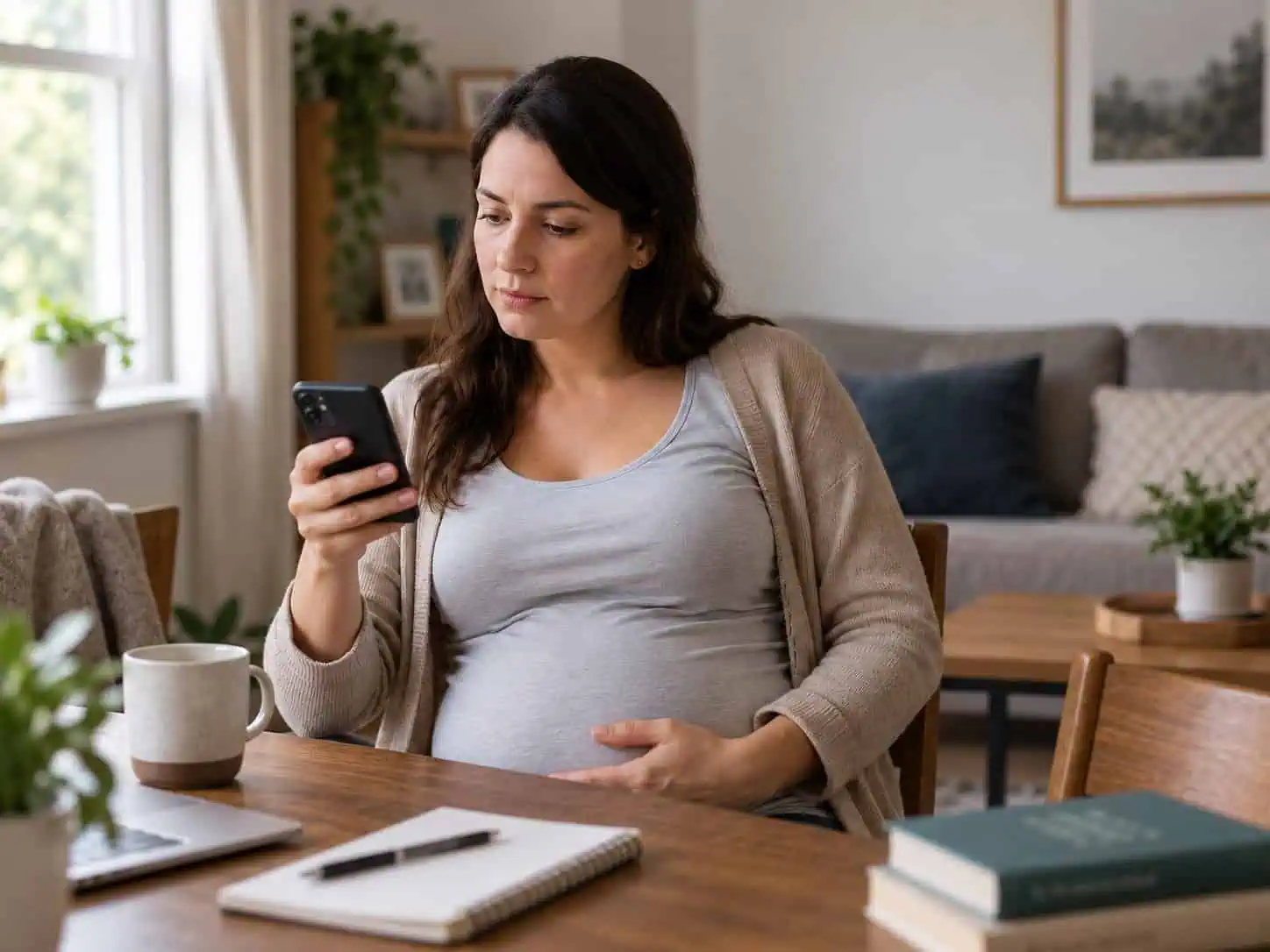 Pregnant woman looking at her phone while resting a hand on her belly, illustrating prenatal health awareness and fetal alcohol spectrum disorder prevention.