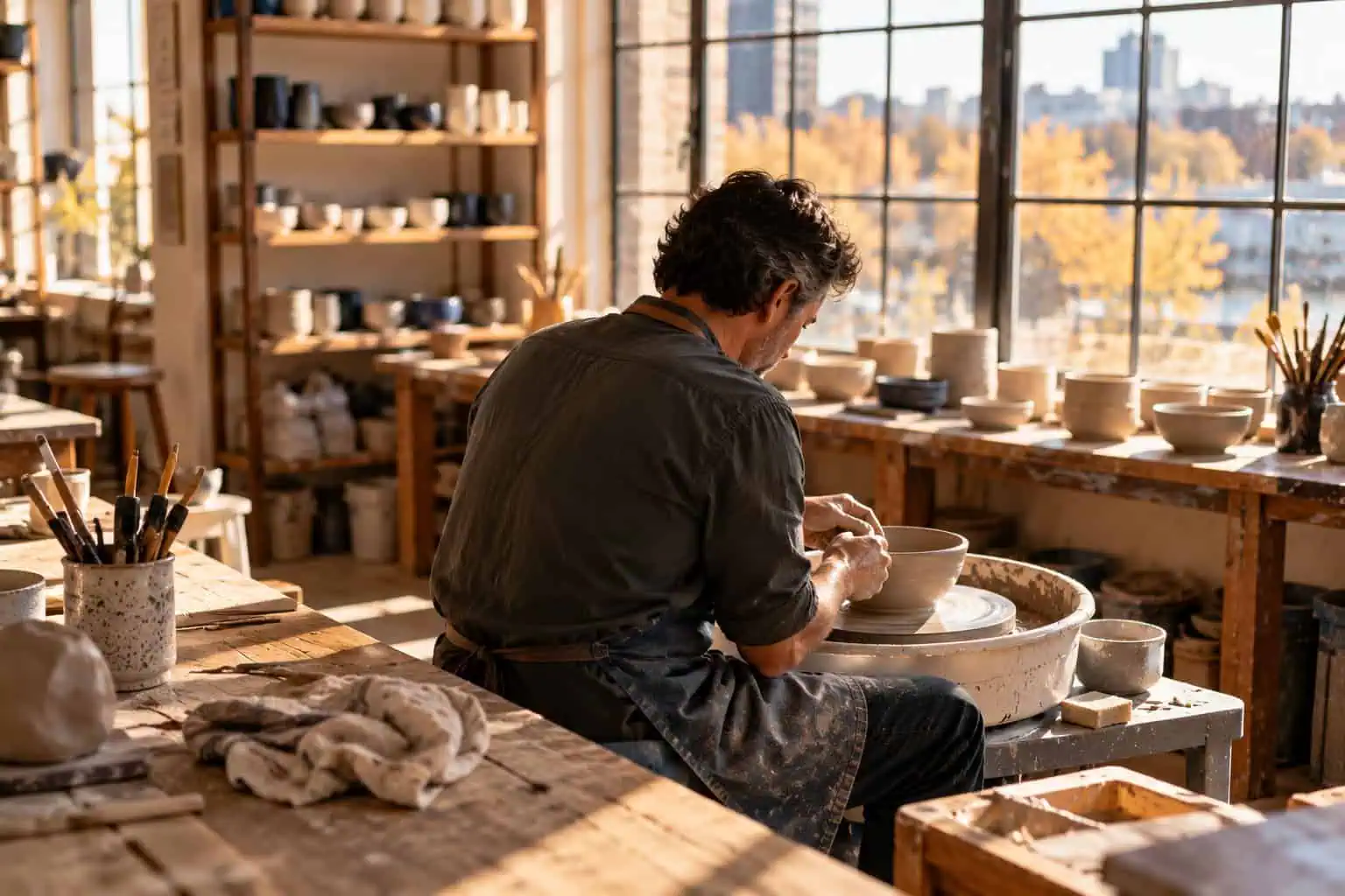 Middle-aged man shaping a clay bowl on a pottery wheel in a sunlit studio, rediscovering creative hobbies and personal fulfilment during sobriety