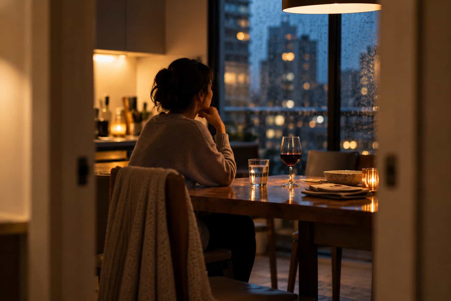 Woman sitting alone at a kitchen table on a rainy evening, reflecting on her drinking habits with a glass of wine and water nearby