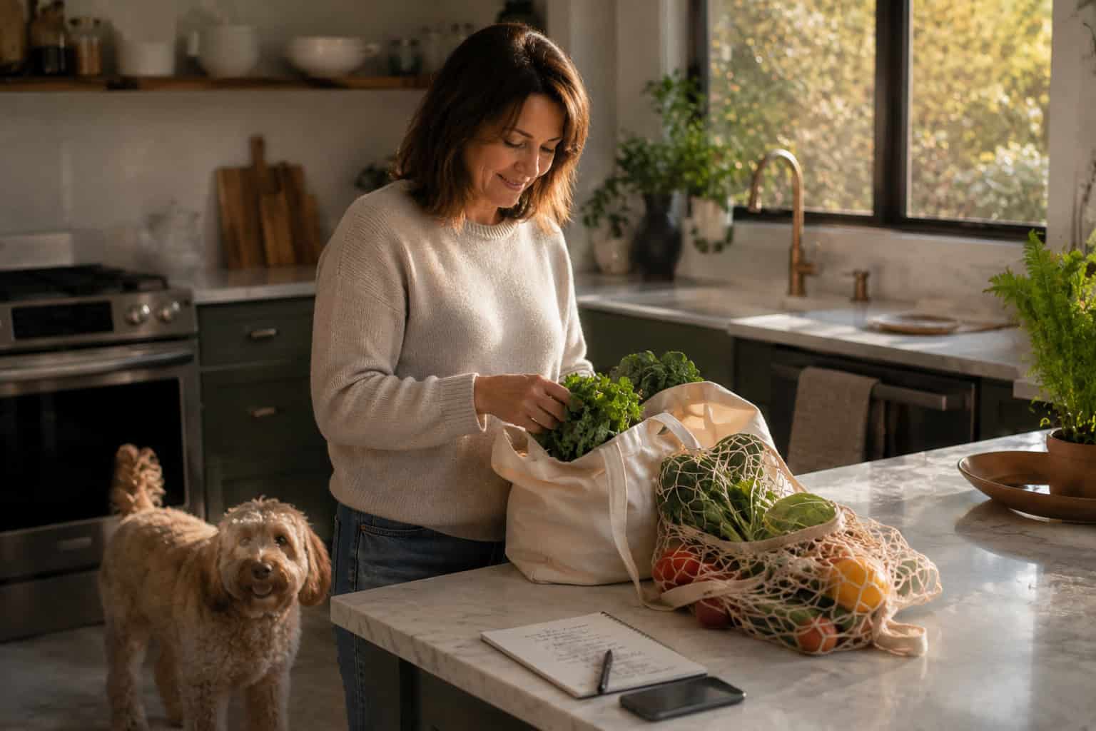 a woman shown to be arranging vegetables and produces in her kitchen, slightly smiling, concept of daily life occurences in recovery