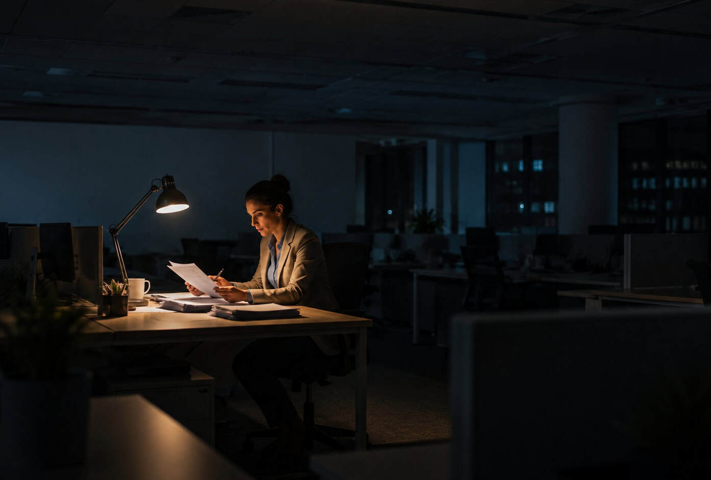 businesswoman or career woman working late at night in an office setting, concept of work stress, tiredness, and burnout