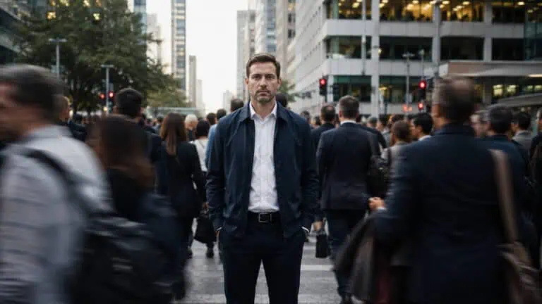 image of a man standing amidst the crowd, looking serious, deeply thinking. Concept of mental health.