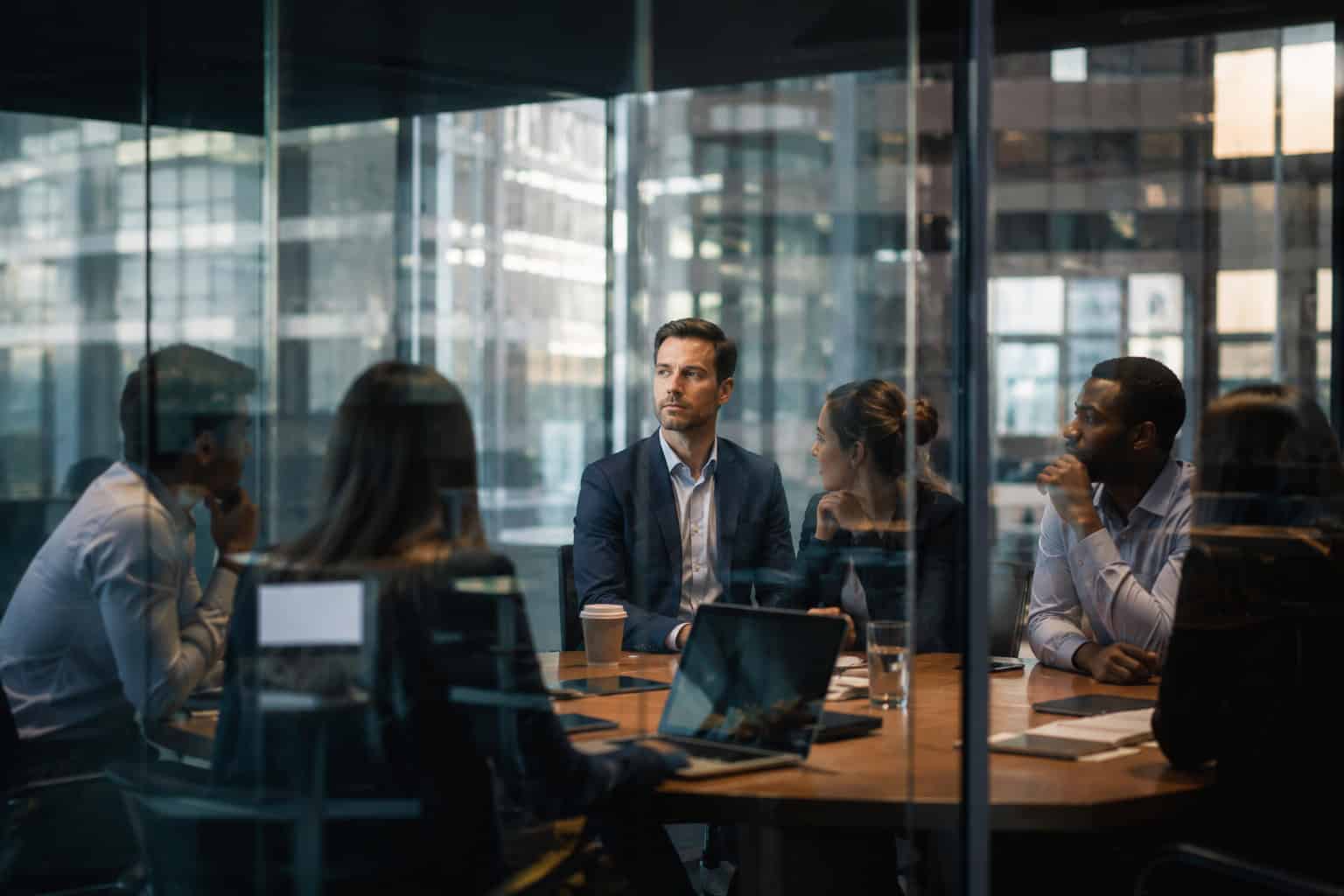 a man staring blankly ahead while having a meeting at work, concept of burnout.