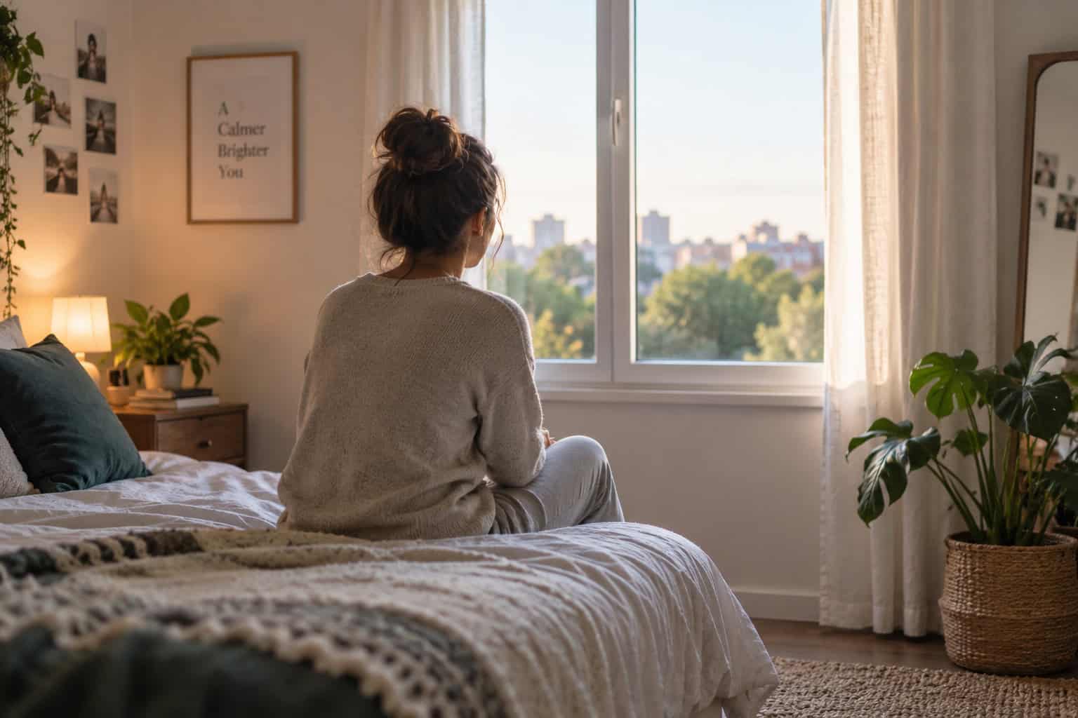 image of a woman sitting alone in a room, concept of isolation, declining social calls, and avoiding people
