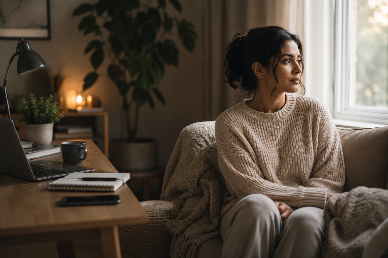 Woman seated near a window in soft natural light, positioned off-center, with a partially visible face and sad, reflective eyes, conveying a quiet emotional struggle between burnout and depression