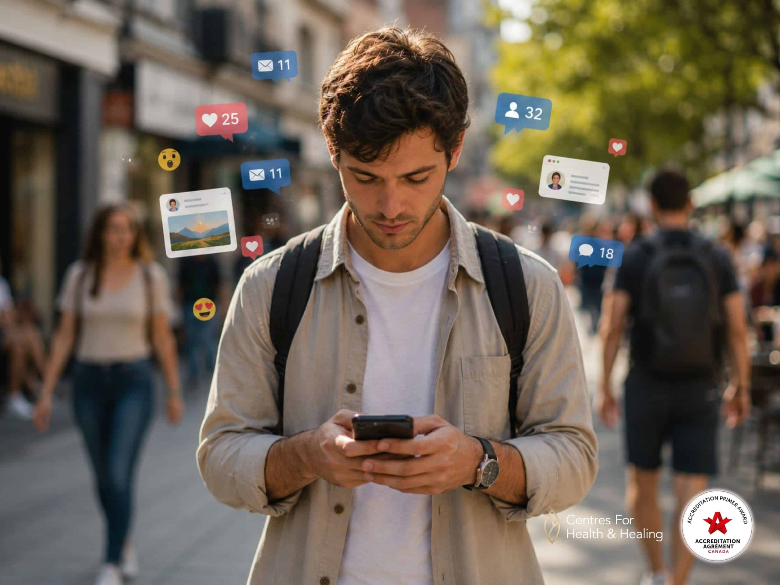 a young man walking outdoors while using his mobile phone, illustrating the concept of social media addiction and distractions