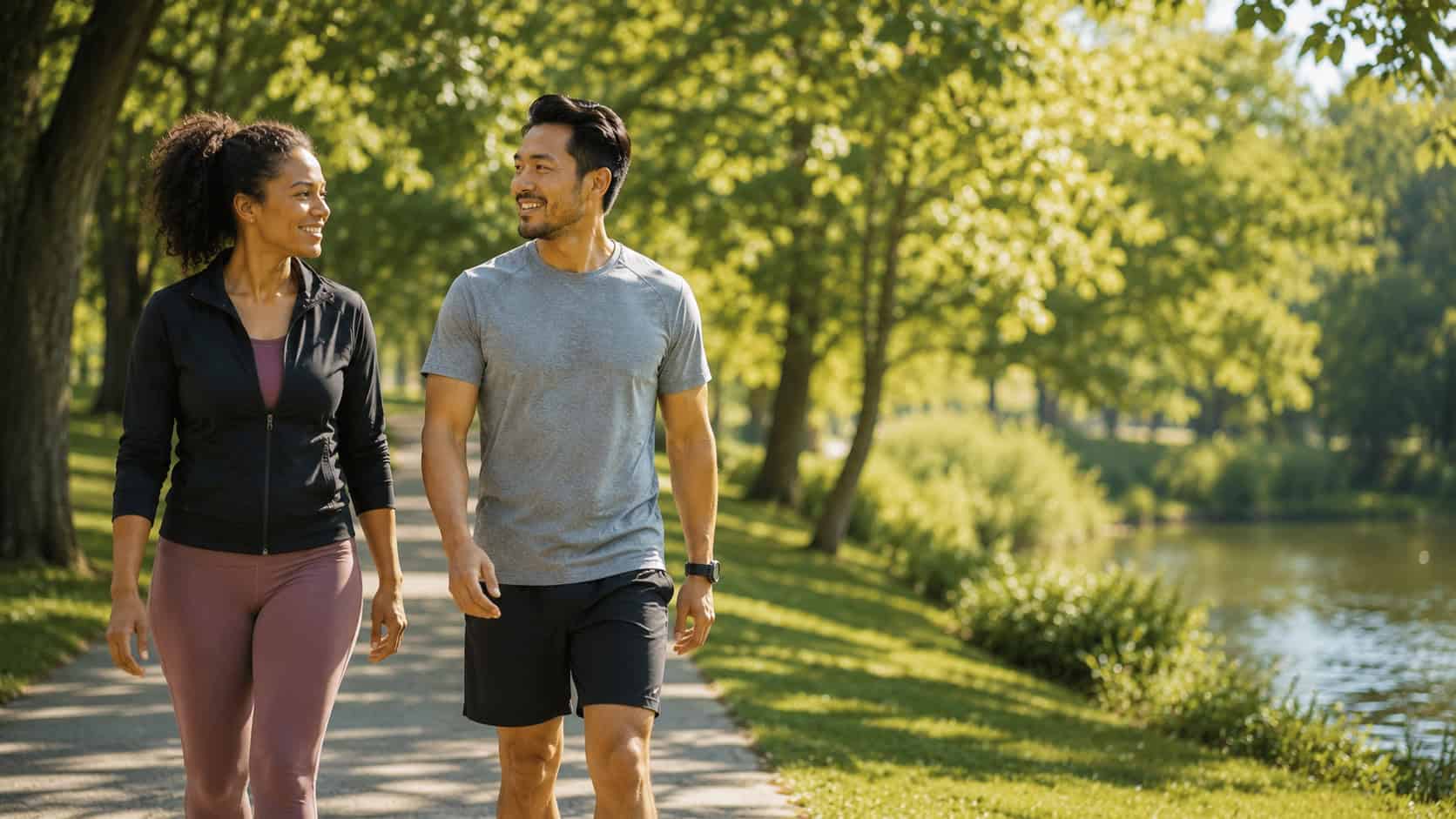 adult couple taking a walk around the park, concept of health, exercise, wellness