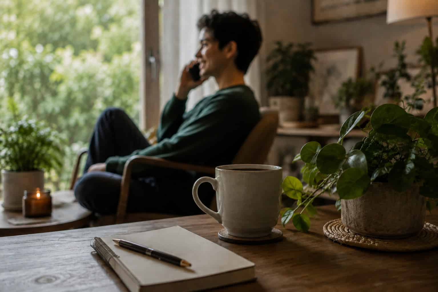 adult male smiling while talking on the phone in a calm home setting with plants, shown slightly out of focus, representing connection and holistic wellbeing beyond physical health.