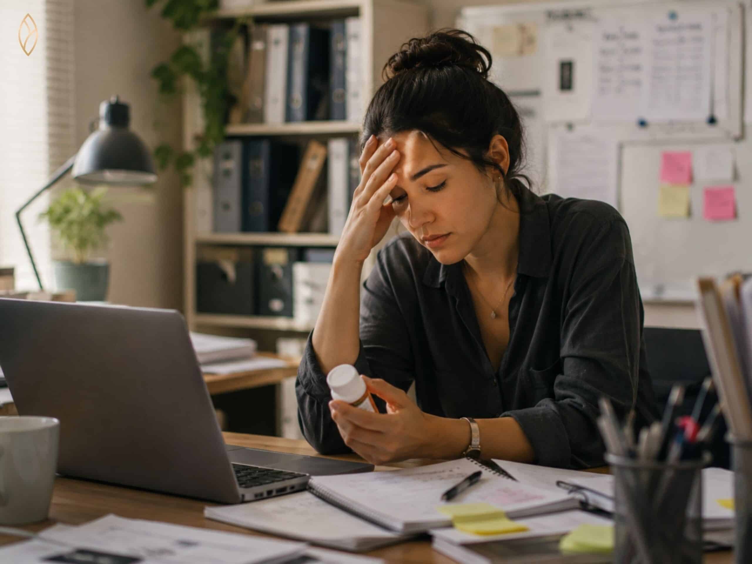 adult woman in a work setting, conveying burnout and emotional fatigue