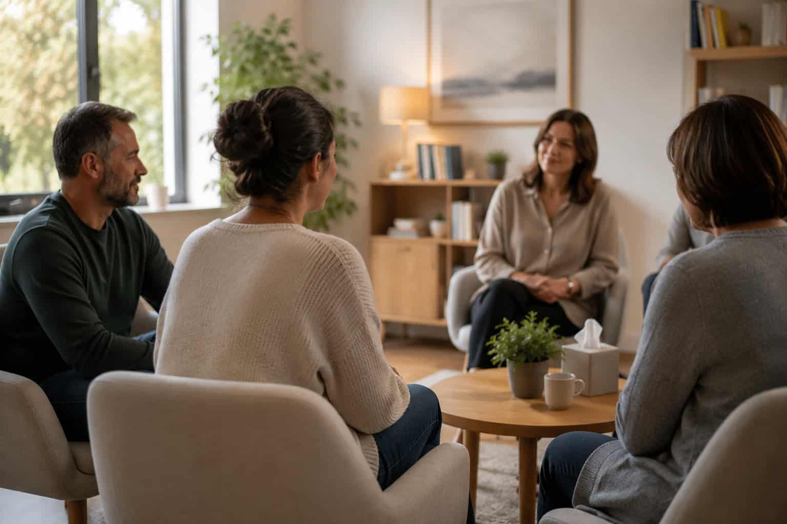 an adult engaged in a calm, supportive conversation with other adult family members in a family support program setting