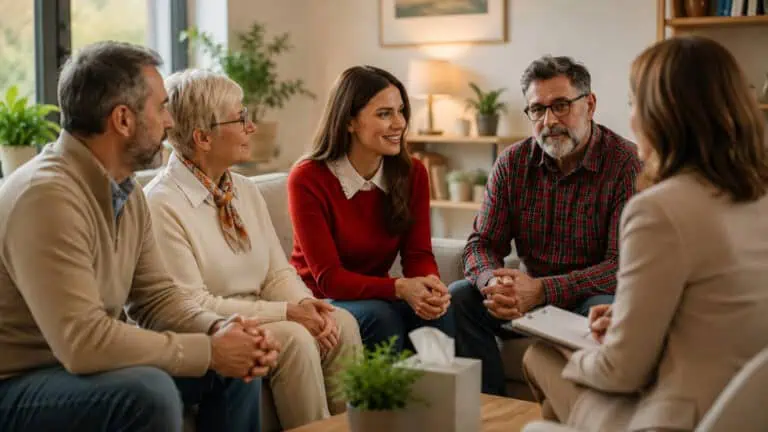 an adult family engaged in a calm, supportive conversation with a counsellor in a family support program setting