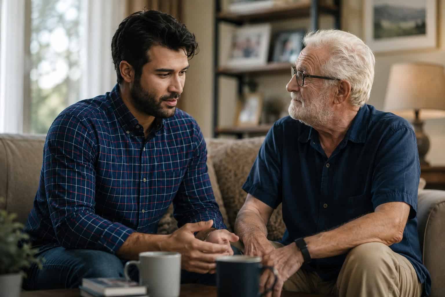 an adult son and his father engaged in a heartfelt, supportive conversation about recovery and overcoming addiction