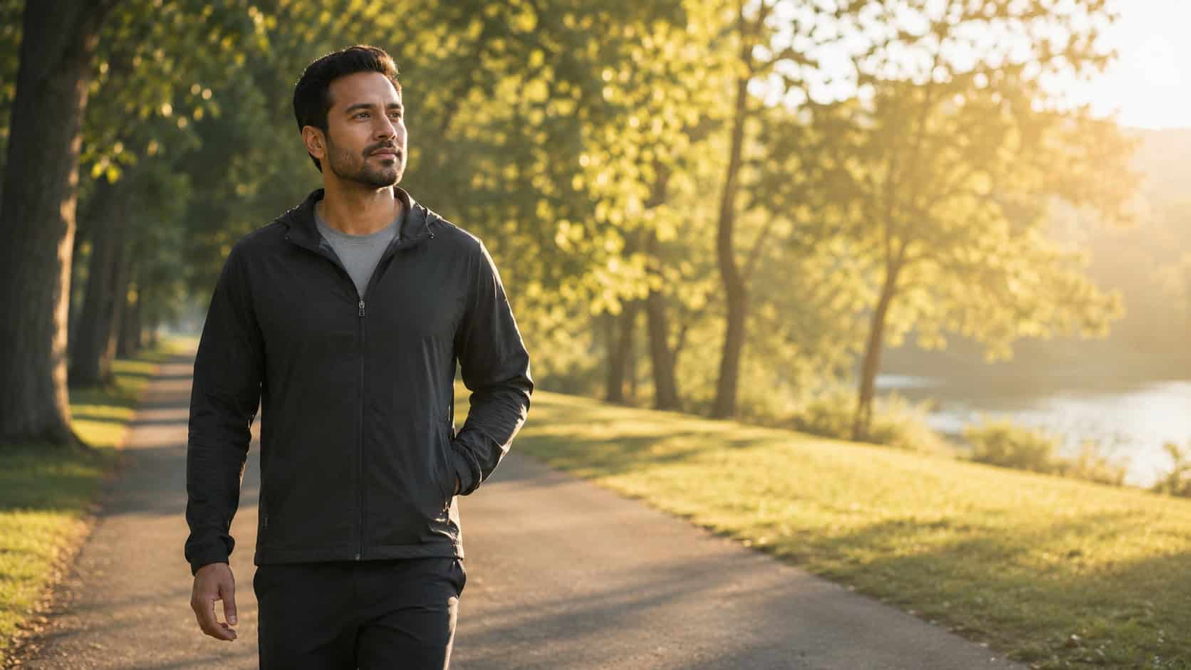 image of a calm man while enjoying a walk at the park