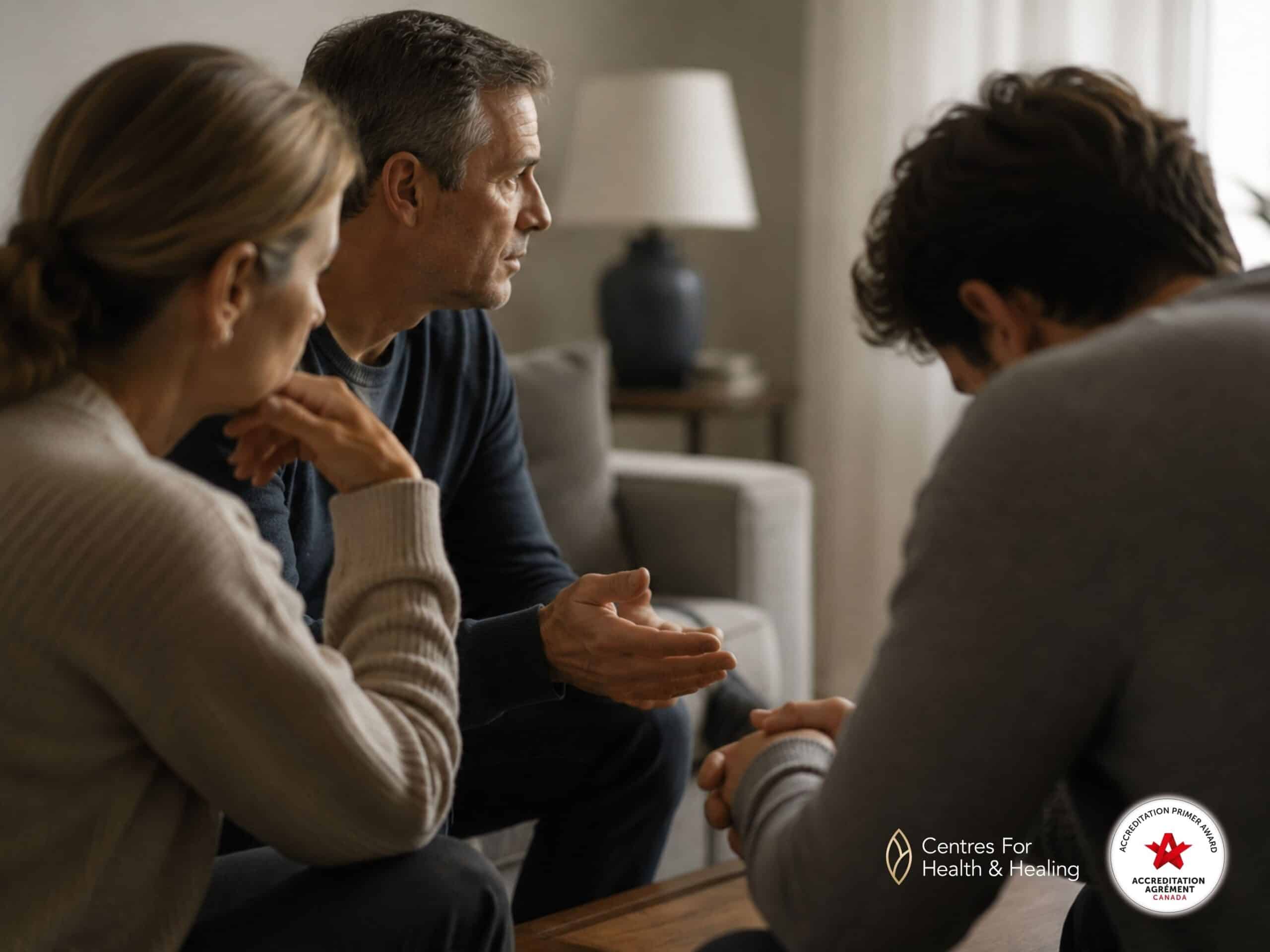 image of a family member looking disappointed while speaking to another family member