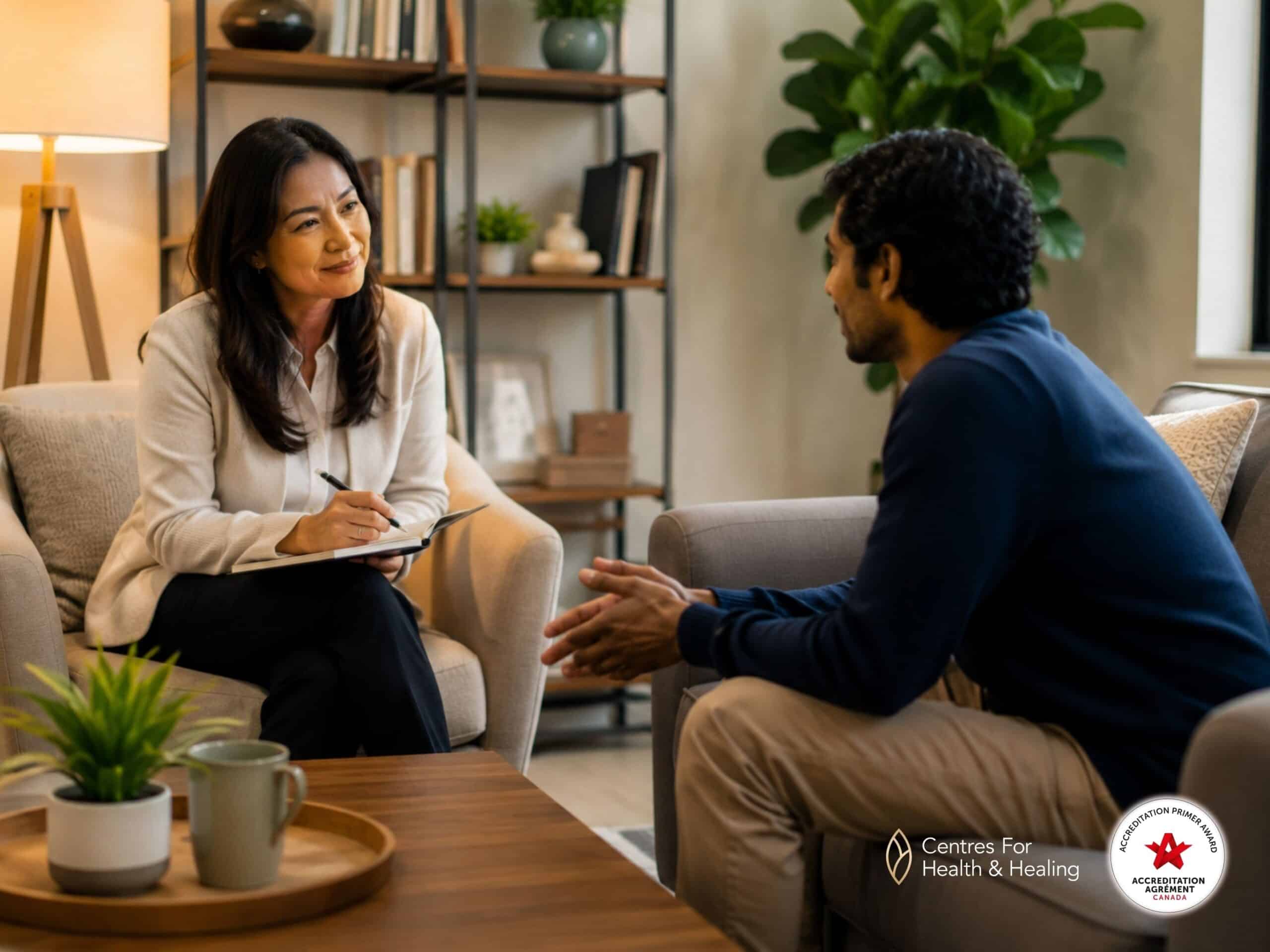image of a therapist speaking with a client in a counseling session