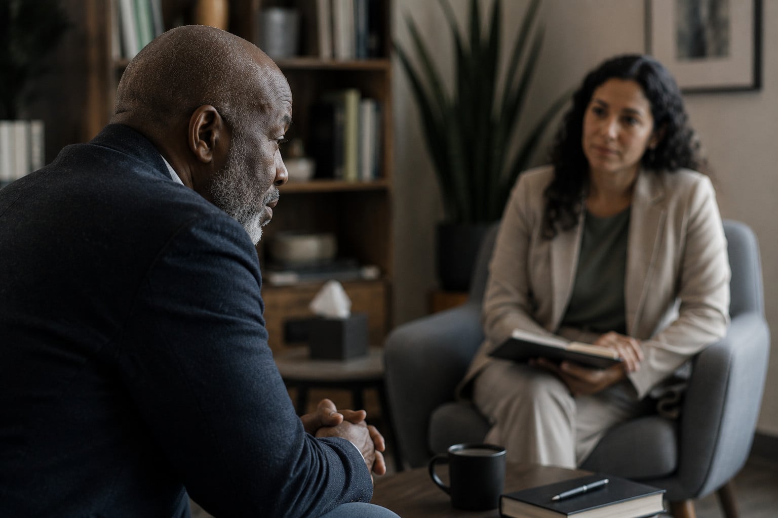 male professional in partial side view speaking seriously with a therapist in a calm office setting, his tired expression only partly visible, conveying a private and emotionally heavy conversation