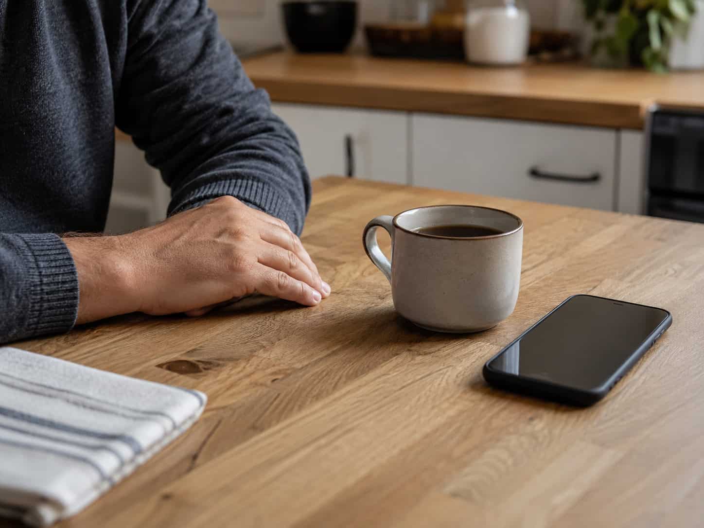 image of an adult man sitting on a table, with a phone that is turned off and coffee, concept of not answering calls or avoiding communication attempts
