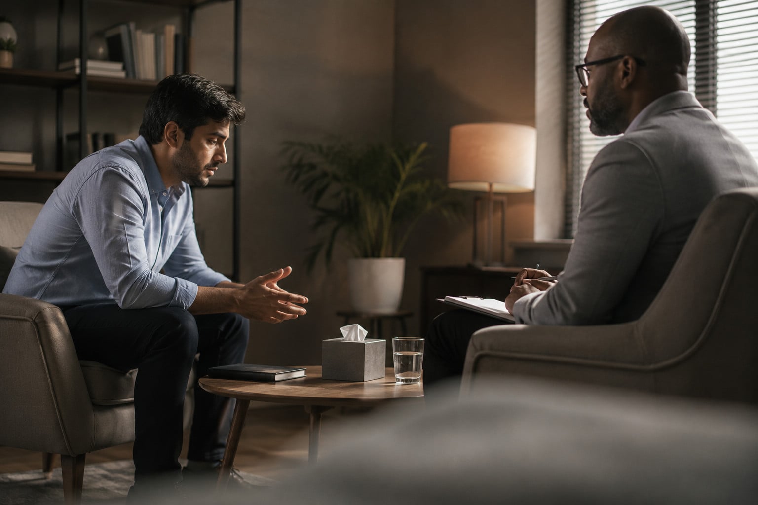 tired-looking adult male employee speaking with a therapist in a calm, private setting such as a counseling office
