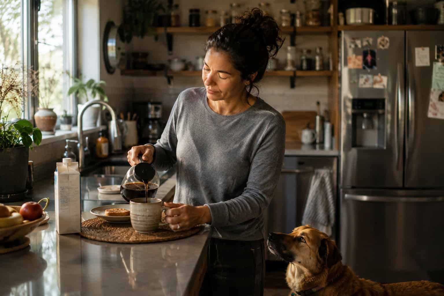 woman wakes up on a Wednesday morning, makes coffee, feeds the dog, concept of daily life after recovery